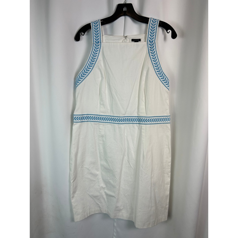 Ann Taylor White Blue Embroidered 100% Cotton Sheath Dress Summer Preppy 14